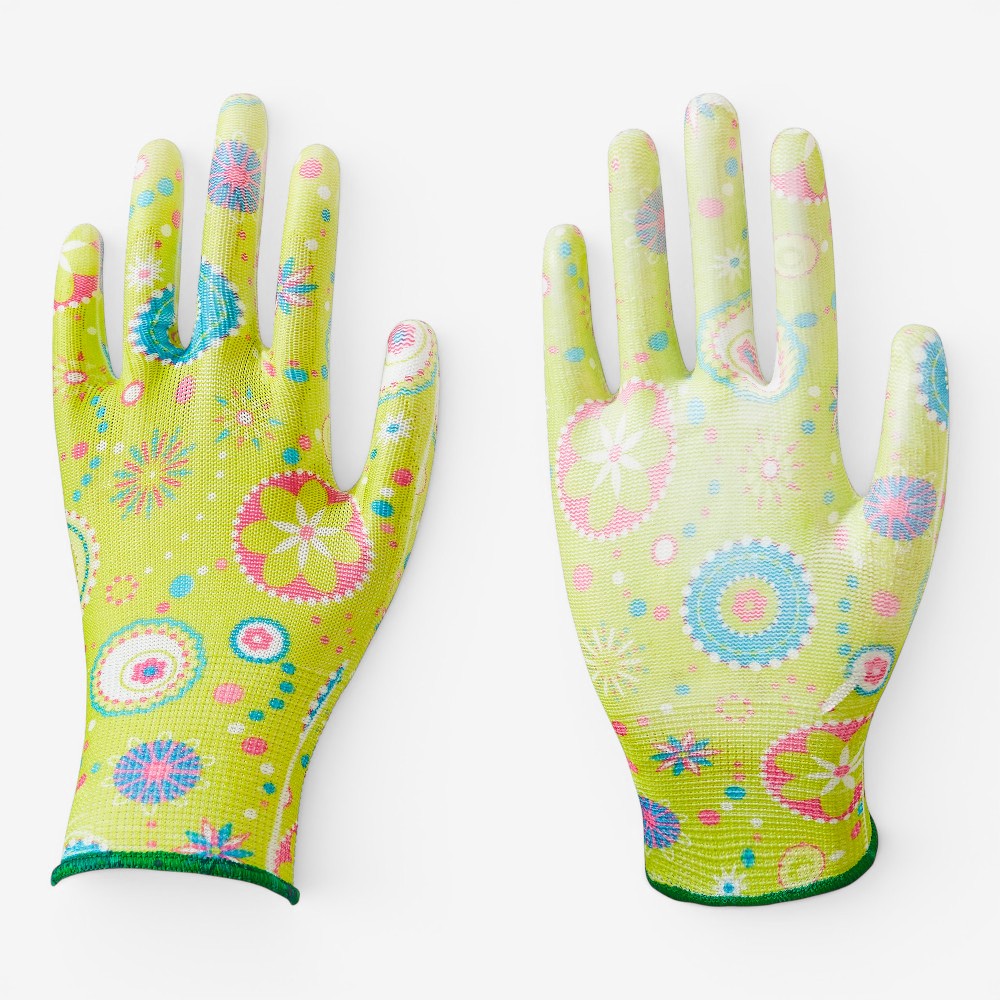 13 Gauge Floral Print Polyester Liner Coated PU on Palm Glove - Image 2