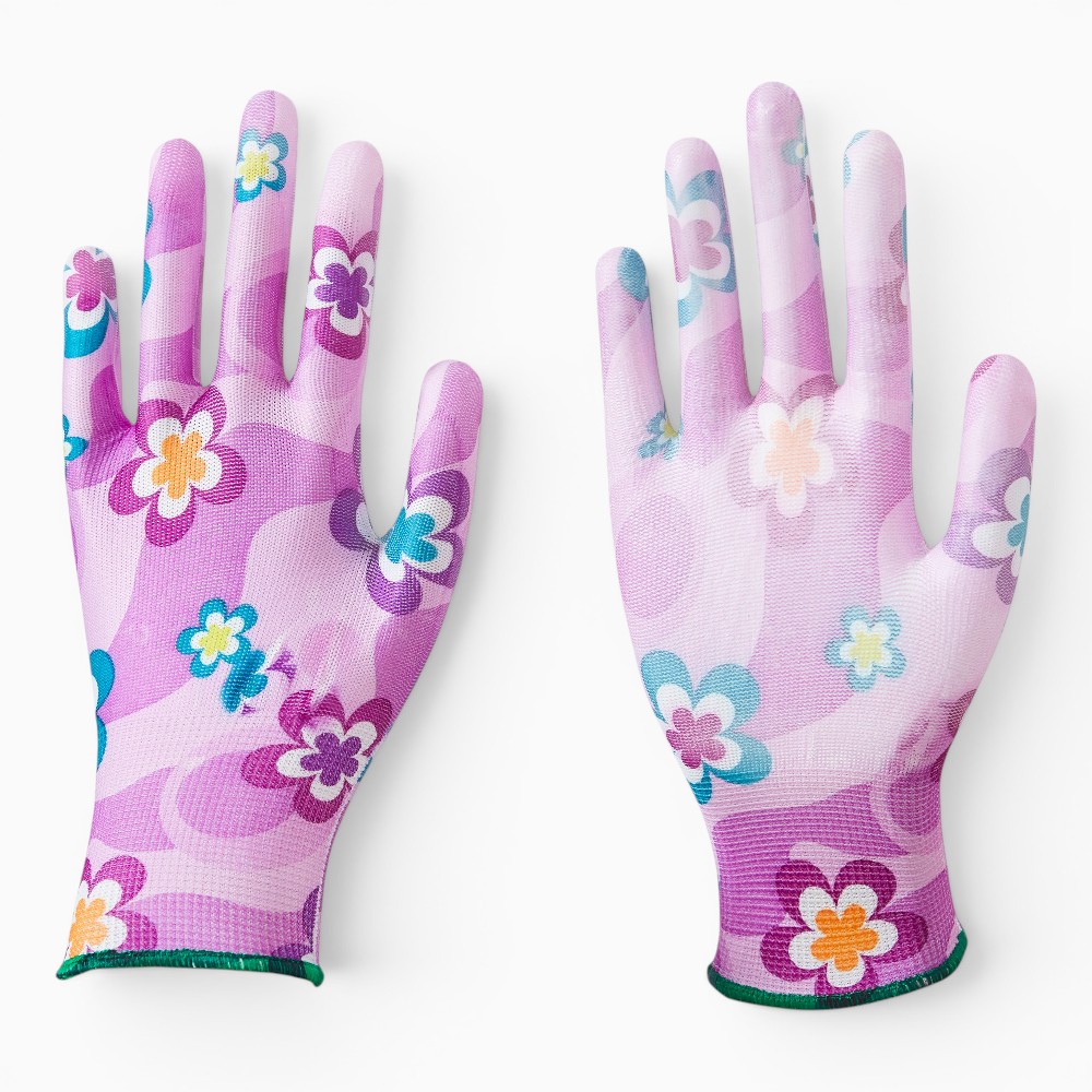 13 Gauge Floral Print Polyester Liner Coated PU on Palm Glove - Image 3