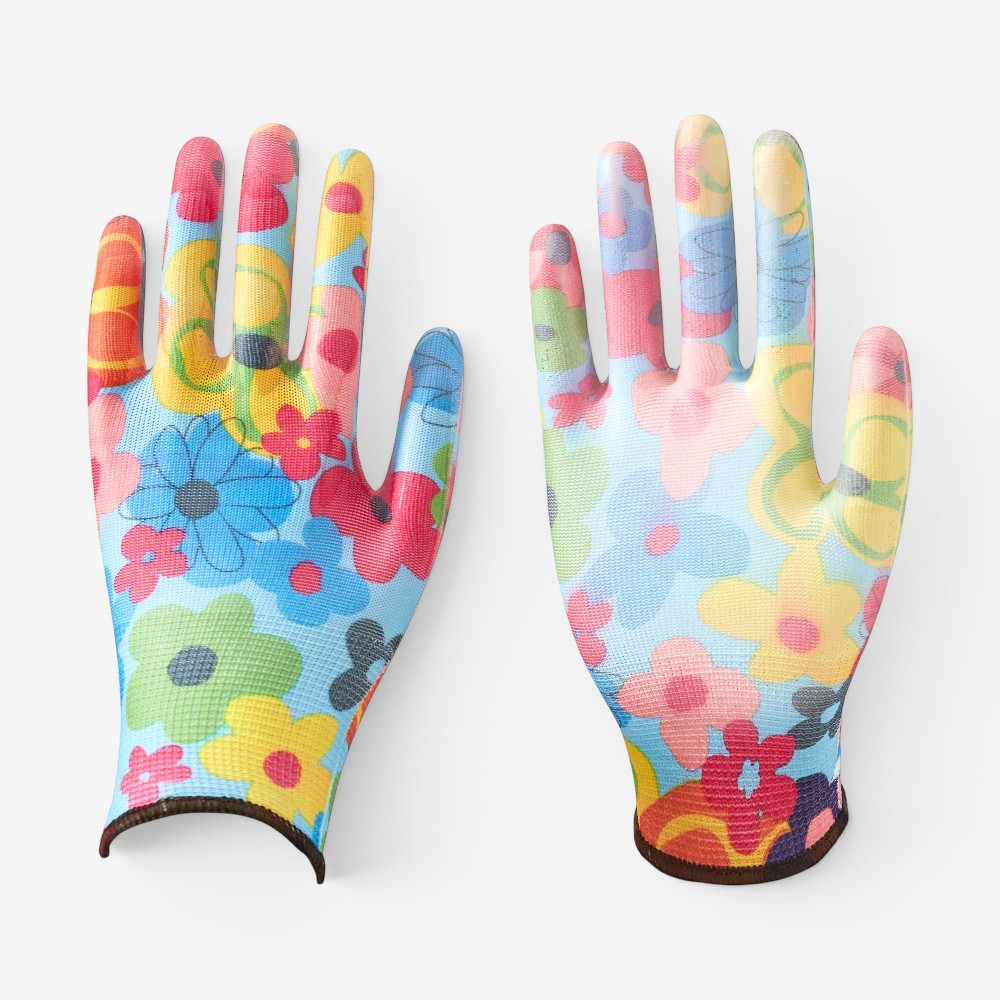 13 Gauge Floral Print Polyester Liner Coated PU on Palm Glove - Image 9
