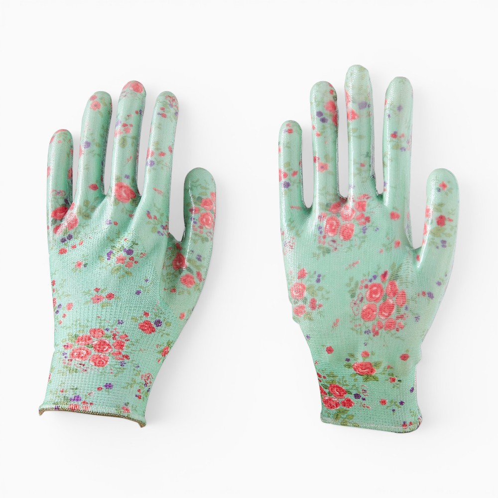 13G Floral Print Polyester Nitrile Palm Coated Gardening Gloves - Image 3